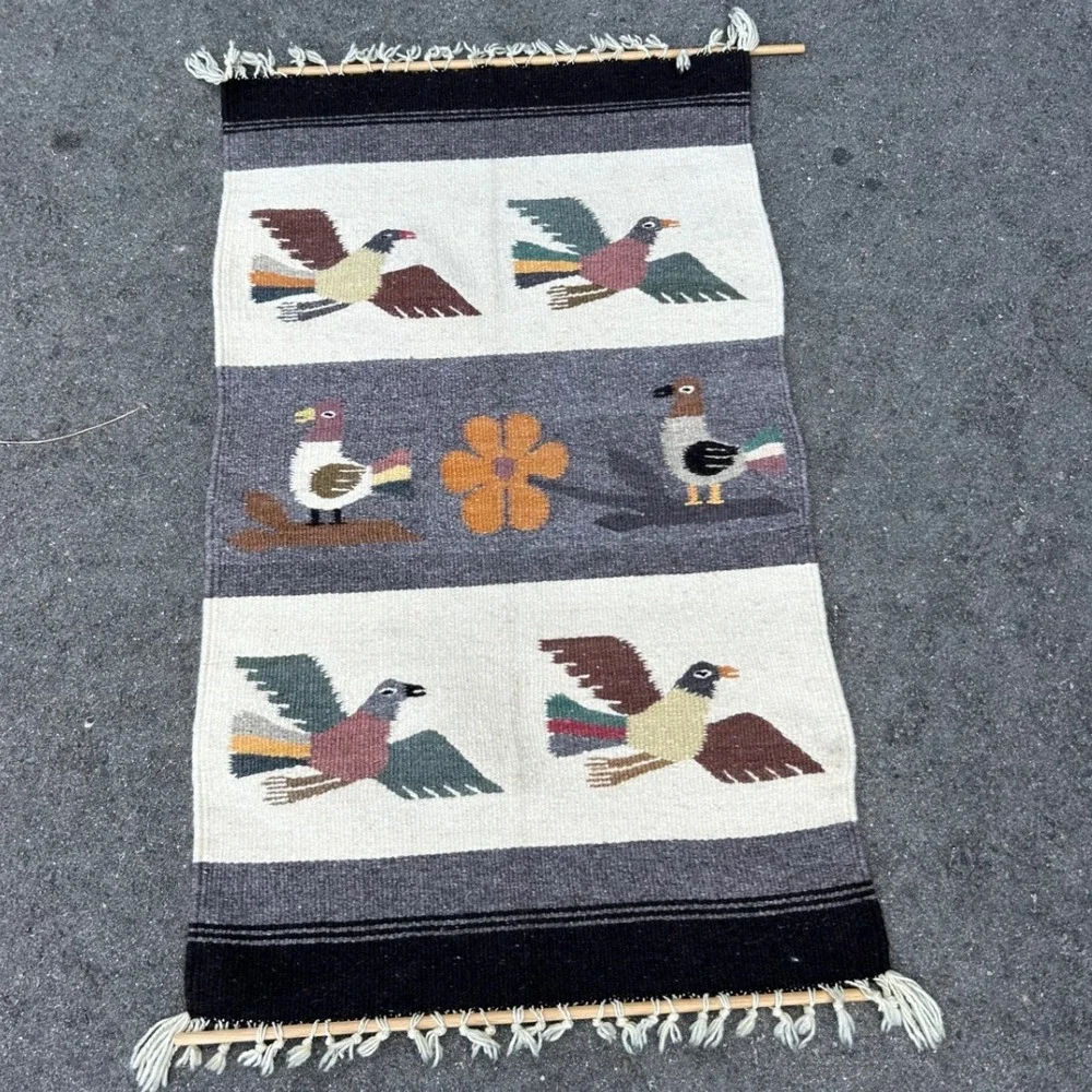 Vintage Handwoven Wool Bird Folk Art Wall Hanging Tapestry with Dowels 15x28